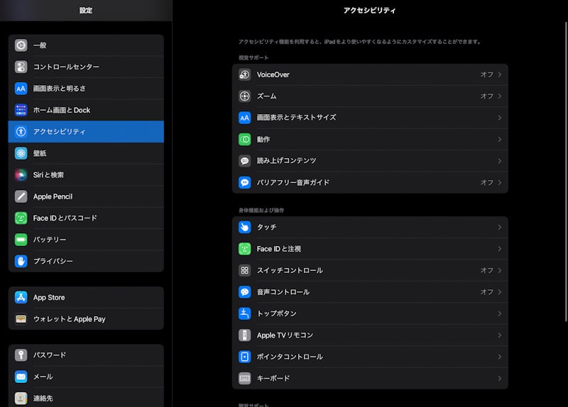 iPad Proの設定のアクセシビリティ画面